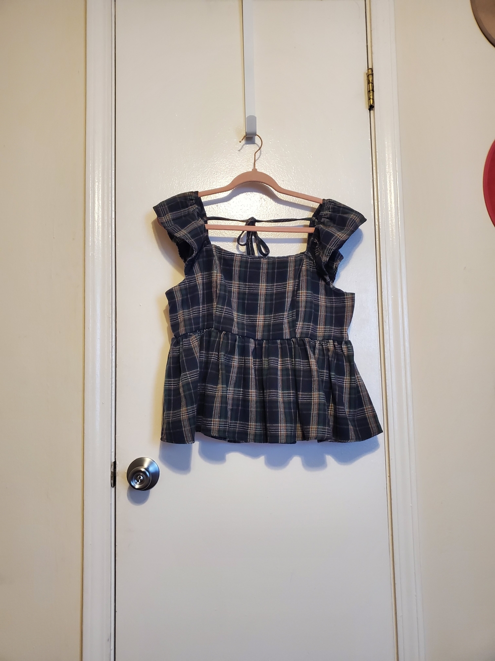 Plaid Ruffle-Sleeve Peplum Top - Navy